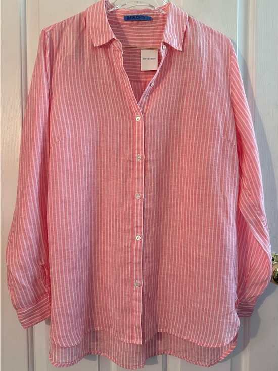 J. McLaughlin Tops - J. McLaughlin Lrg LINEN Minimalist Coastal Capsule Pink White Button Down Shirt